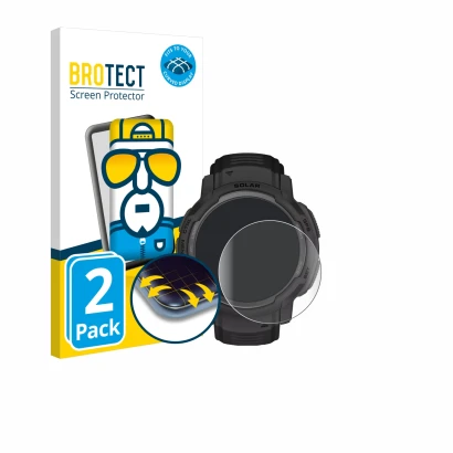 Face avant d’un emballage produit avec le logo de la marque BROTECT. À côté, l’appareil Garmin Instinct Crossover Solar est re