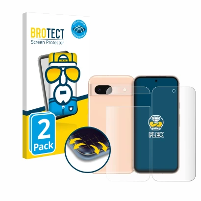 Face avant d’un emballage produit avec le logo de la marque BROTECT. À côté, l’appareil Google Pixel 8a (Avant+Arrière) est re