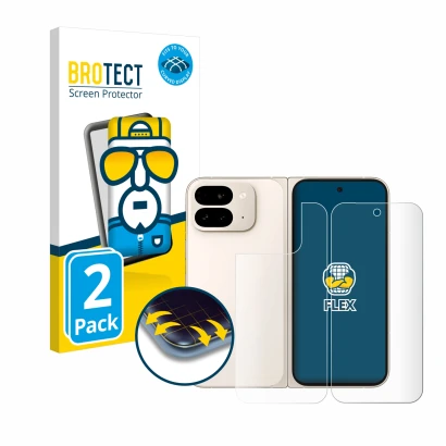 Face avant d’un emballage produit avec le logo de la marque BROTECT. À côté, l’appareil Google Pixel 9 Pro Fold (Avant+Arrière