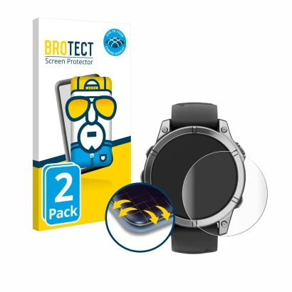 Face avant d’un emballage produit avec le logo de la marque BROTECT. À côté, l’appareil Garmin Fenix E est représenté avec la
