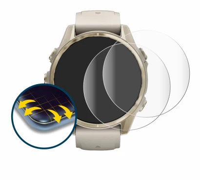 Image de l'appareil Garmin Fenix 8 (43 mm) avec une grande variété de protections d'écran.