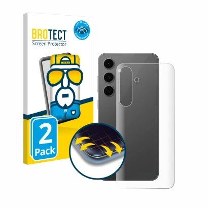 Face avant d’un emballage produit avec le logo de la marque BROTECT. À côté, l’appareil Samsung Galaxy S24 FE (Arrière) est re