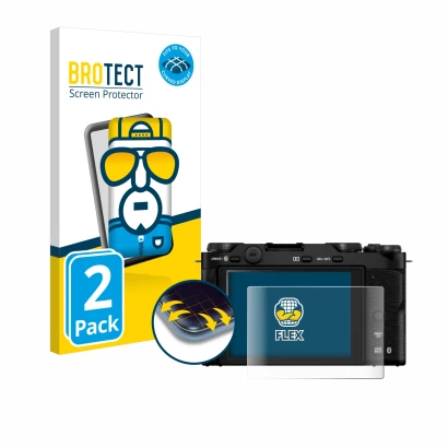 Face avant d’un emballage produit avec le logo de la marque BROTECT. À côté, l’appareil Fujifilm X-M5 est représenté avec la p