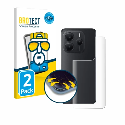 Face avant d’un emballage produit avec le logo de la marque BROTECT. À côté, l’appareil Xiaomi Redmi Note 14 (Arrière) est rep