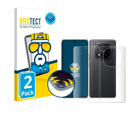 Face avant d’un emballage produit avec le logo de la marque BROTECT. À côté, l’appareil Xiaomi Redmi Note 14 Pro Plus (Avant+A