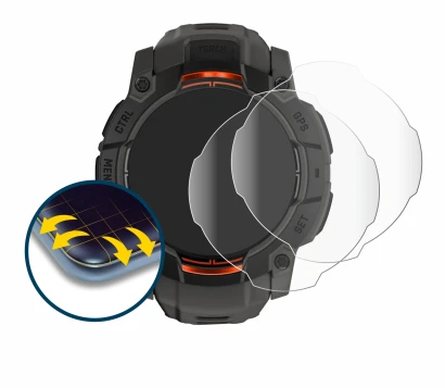 Image de l'appareil Garmin Instinct 3 Solar (45 mm) avec une grande variété de protections d'écran.