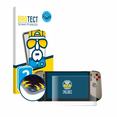 Face avant d’un emballage produit avec le logo de la marque BROTECT. À côté, l’appareil MSI Claw 8 AI+ est représenté avec la