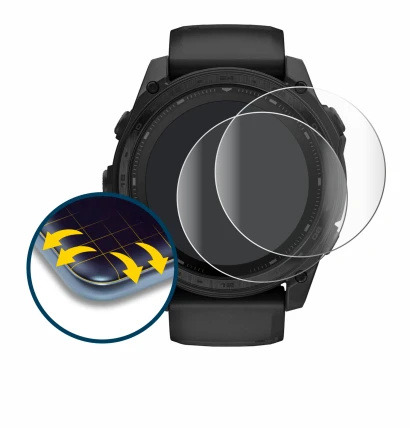 Image de l'appareil Garmin Tactix 8 Solar (51 mm) avec une grande variété de protections d'écran.