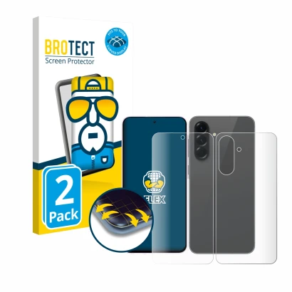 Face avant d’un emballage produit avec le logo de la marque BROTECT. À côté, l’appareil Samsung Galaxy A56 5G (Avant+Arrière) 