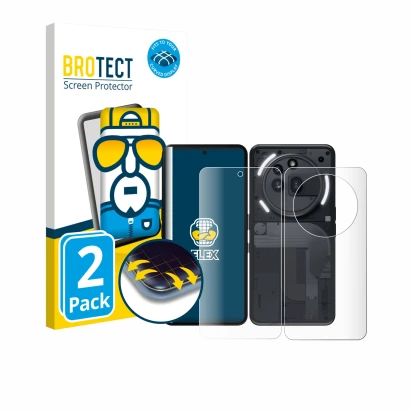 Face avant d’un emballage produit avec le logo de la marque BROTECT. À côté, l’appareil Nothing Phone (3a) Pro (Avant+Arrière)