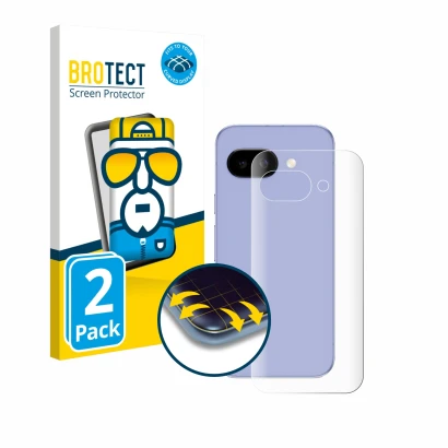 Face avant d’un emballage produit avec le logo de la marque BROTECT. À côté, l’appareil Google Pixel 9a (Arrière) est représen