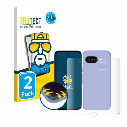 Face avant d’un emballage produit avec le logo de la marque BROTECT. À côté, l’appareil Google Pixel 9a (Avant+Arrière) est re