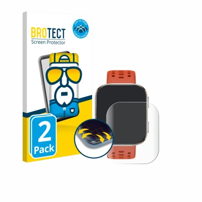 Face avant d’un emballage produit avec le logo de la marque BROTECT. À côté, l’appareil Huami Amazfit Bip 6 est représenté ave