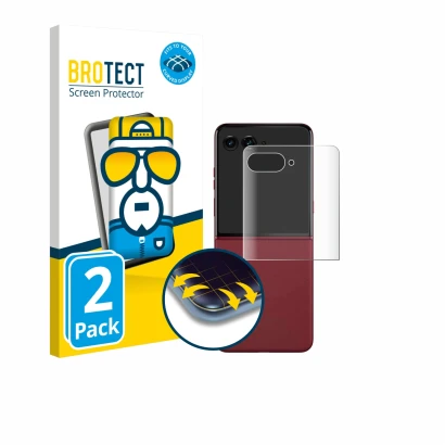 Face avant d’un emballage produit avec le logo de la marque BROTECT. À côté, l’appareil Motorola Razr 60 Ultra (Affichage arri