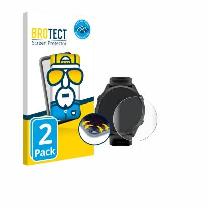 Face avant d’un emballage produit avec le logo de la marque BROTECT. À côté, l’appareil Garmin Forerunner 570 (47 mm) est repr