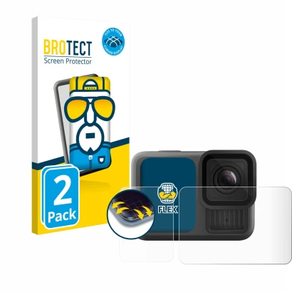 Face avant d’un emballage produit avec le logo de la marque BROTECT. À côté, l’appareil GoPro Hero 13 Black Creator Edition es