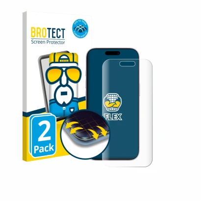 Face avant d’un emballage produit avec le logo de la marque BROTECT. À côté, l’appareil Apple iPhone 17 est représenté avec la