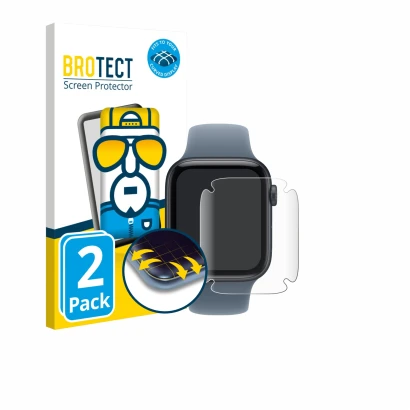 Face avant d’un emballage produit avec le logo de la marque BROTECT. À côté, l’appareil Apple Watch SE 3 (44 mm) est représent