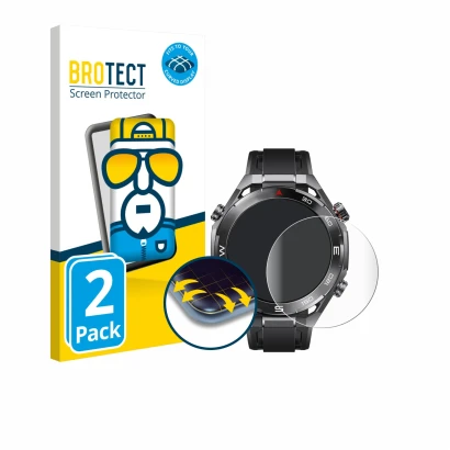 Face avant d’un emballage produit avec le logo de la marque BROTECT. À côté, l’appareil Huawei Watch Ultimate 2 Black est repr