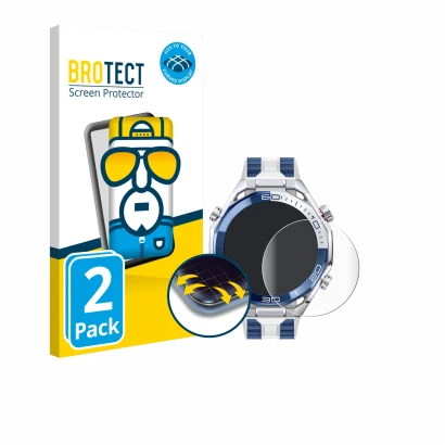 Face avant d’un emballage produit avec le logo de la marque BROTECT. À côté, l’appareil Huawei Watch Ultimate 2 Blue est repré