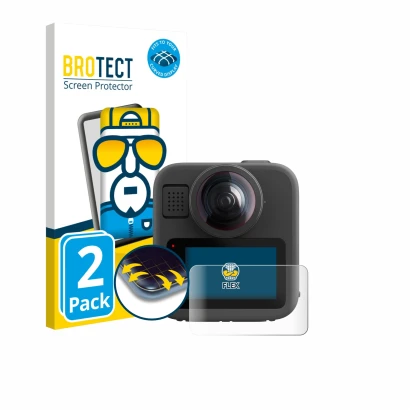 Face avant d’un emballage produit avec le logo de la marque BROTECT. À côté, l’appareil GoPro Max 2 est représenté avec la pro