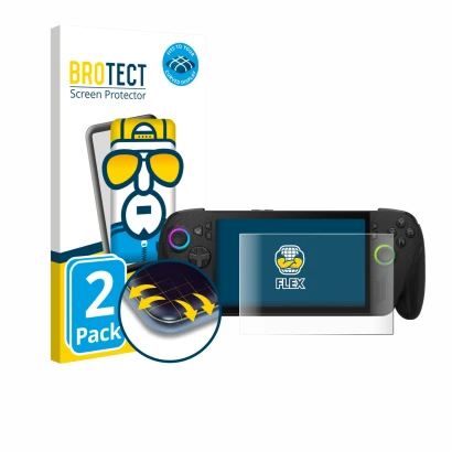 Face avant d’un emballage produit avec le logo de la marque BROTECT. À côté, l’appareil ASUS ROG Xbox Ally X est représenté av