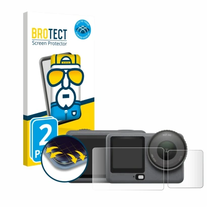 Face avant d’un emballage produit avec le logo de la marque BROTECT. À côté, l’appareil DJI Osmo Action 6 est représenté avec 