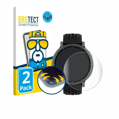 Face avant d’un emballage produit avec le logo de la marque BROTECT. À côté, l’appareil Amazfit Active Max est représenté avec