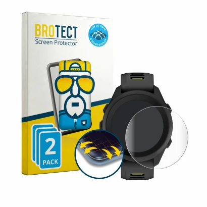 Face avant d’un emballage produit avec le logo de la marque BROTECT. À côté, l’appareil Garmin Forerunner 170 est représenté a