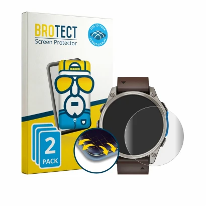 Face avant d’un emballage produit avec le logo de la marque BROTECT. À côté, l’appareil Garmin D2 Mach 2 (47 mm) est représent