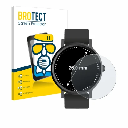 Face avant d’un emballage produit avec le logo de la marque BROTECT. À côté, l’appareil Montres (Circulaire, ø: 26 mm) est rep