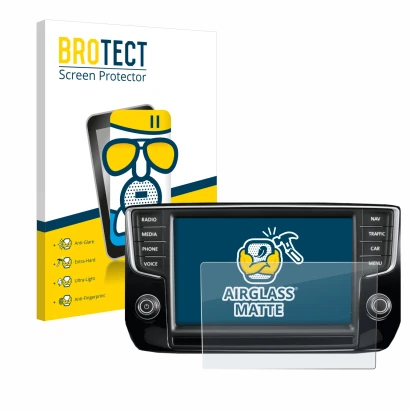 Face avant d’un emballage produit avec le logo de la marque BROTECT. À côté, l’appareil Volkswagen Passat 2015 Discover Pro 8"
