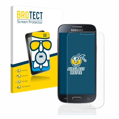 Face avant d’un emballage produit avec le logo de la marque BROTECT. À côté, l’appareil Samsung Galaxy S4 Mini est représenté 