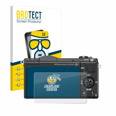 Face avant d’un emballage produit avec le logo de la marque BROTECT. À côté, l’appareil Sony Alpha 5100 (DSLR-A5100) est repré