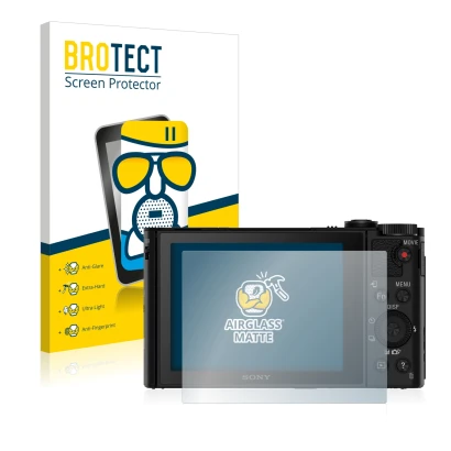 Face avant d’un emballage produit avec le logo de la marque BROTECT. À côté, l’appareil Sony Cyber-Shot DSC-HX90 est représent