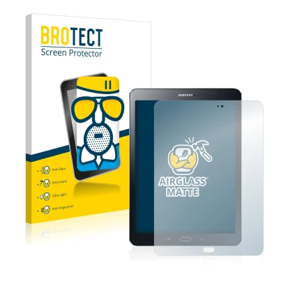 Face avant d’un emballage produit avec le logo de la marque BROTECT. À côté, l’appareil Samsung Galaxy Tab S2 9.7 est représen