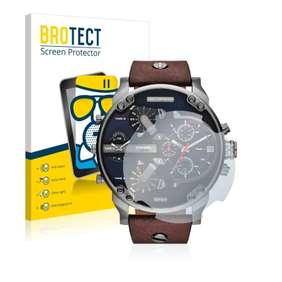 Face avant d’un emballage produit avec le logo de la marque BROTECT. À côté, l’appareil Diesel DZ7314 Mr. Daddy est représenté