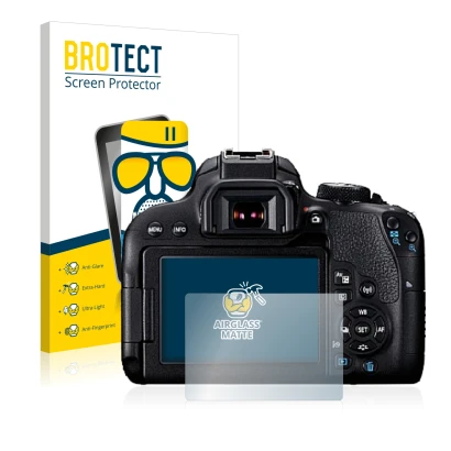 Face avant d’un emballage produit avec le logo de la marque BROTECT. À côté, l’appareil Canon EOS 800D est représenté avec la 