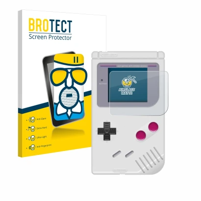 Face avant d’un emballage produit avec le logo de la marque BROTECT. À côté, l’appareil Nintendo Gameboy (1989) est représenté