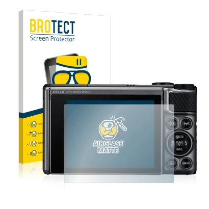 Face avant d’un emballage produit avec le logo de la marque BROTECT. À côté, l’appareil Canon PowerShot SX730 HS est représent