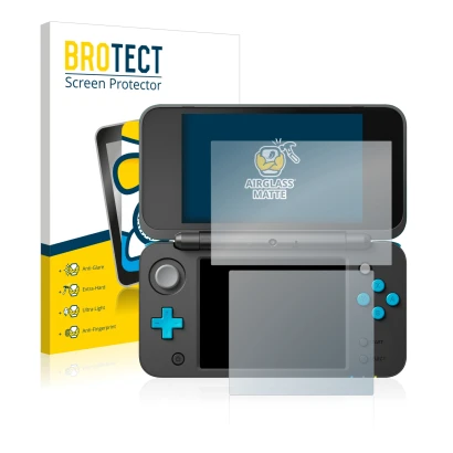 Face avant d’un emballage produit avec le logo de la marque BROTECT. À côté, l’appareil Nintendo 2DS XL est représenté avec la