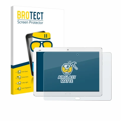 Face avant d’un emballage produit avec le logo de la marque BROTECT. À côté, l’appareil Huawei MediaPad M3 Lite 10.1 est repré