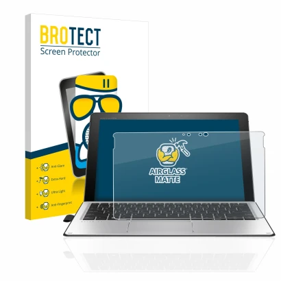 Face avant d’un emballage produit avec le logo de la marque BROTECT. À côté, l’appareil HP Elite x2 1012 G2 est représenté ave