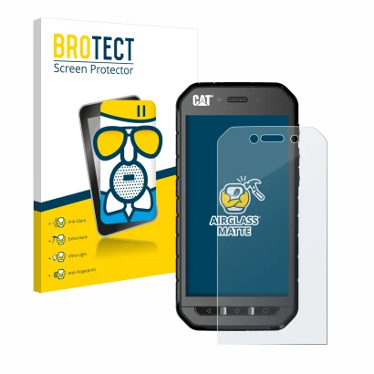 Face avant d’un emballage produit avec le logo de la marque BROTECT. À côté, l’appareil Caterpillar Cat S41 est représenté ave