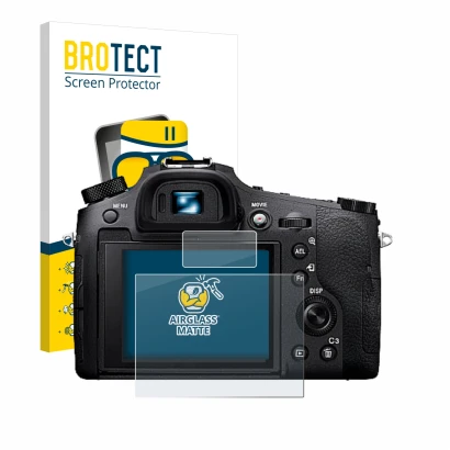 Face avant d’un emballage produit avec le logo de la marque BROTECT. À côté, l’appareil Sony Cyber-Shot DSC-RX10 IV est représ