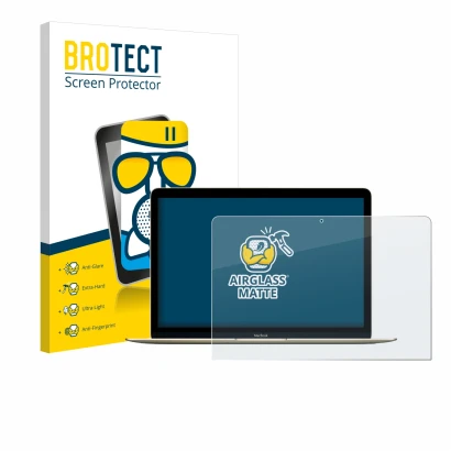 Face avant d’un emballage produit avec le logo de la marque BROTECT. À côté, l’appareil Apple MacBook Retina 12" (Début 2016) 