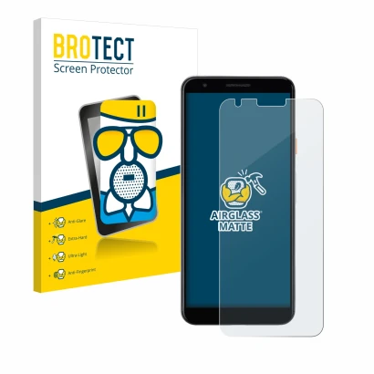 Face avant d’un emballage produit avec le logo de la marque BROTECT. À côté, l’appareil Google Pixel 3a est représenté avec la