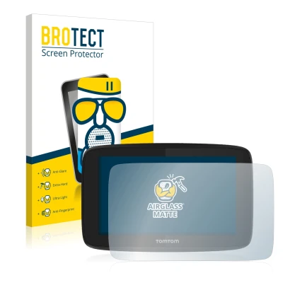 Face avant d’un emballage produit avec le logo de la marque BROTECT. À côté, l’appareil TomTom GO Essential (5") est représent