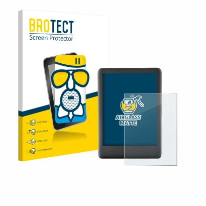 Face avant d’un emballage produit avec le logo de la marque BROTECT. À côté, l’appareil Amazon Kindle 2019 (10ème Gen.) est re