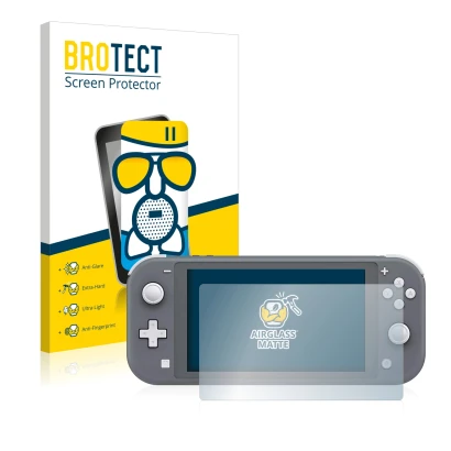 Face avant d’un emballage produit avec le logo de la marque BROTECT. À côté, l’appareil Nintendo Switch Lite est représenté av